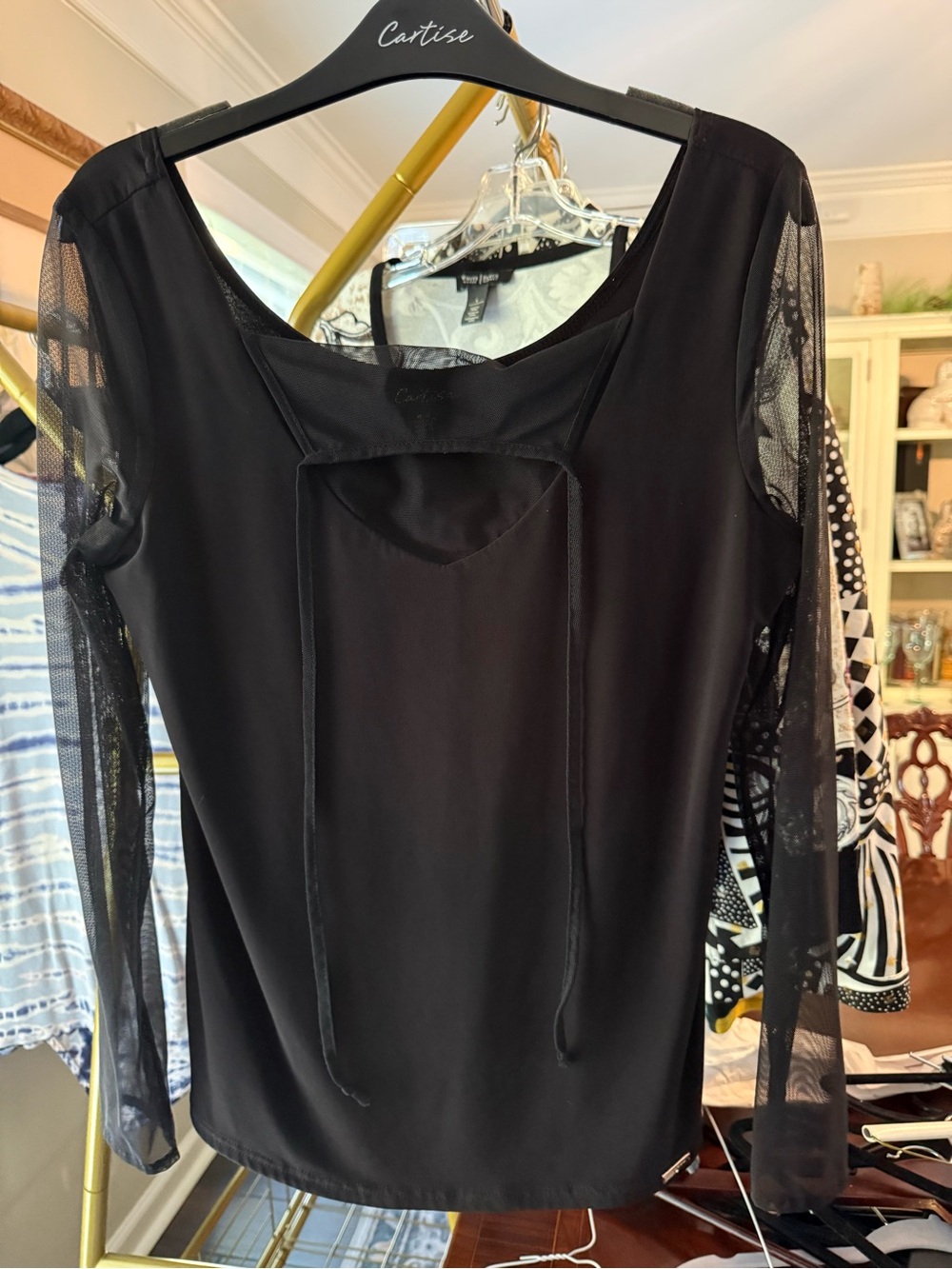 Cartise Black Mesh-Sleeve Scoop-Neck Women's Blouse